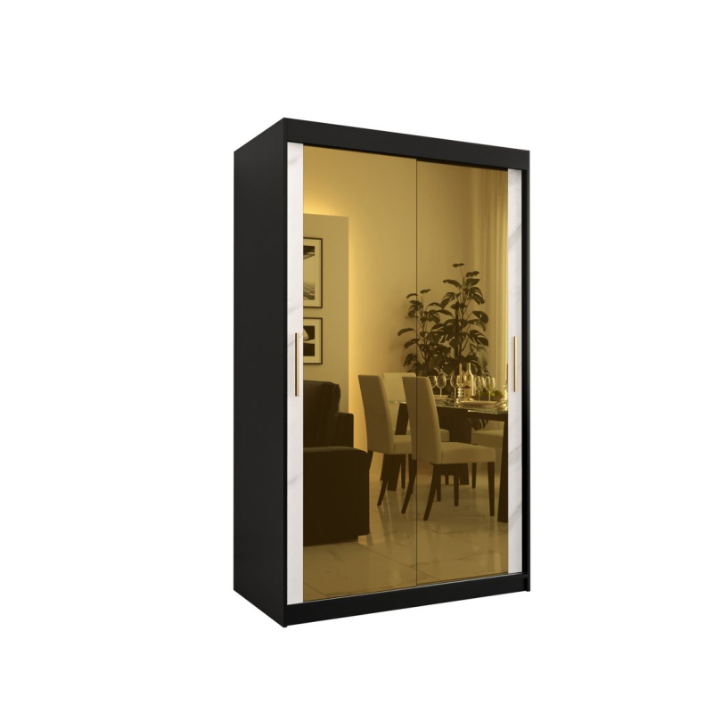 Designer-Kleiderschrank mit goldenem Spiegel MADLA 3 – Breite 120 cm, Schwarz / Weiß