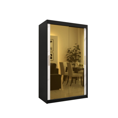 Designer-Kleiderschrank mit goldenem Spiegel MADLA 3 – Breite 120 cm, Schwarz / Weiß