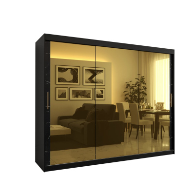 Designer-Kleiderschrank mit goldenem Spiegel MADLA 3 – Breite 250 cm, Schwarz