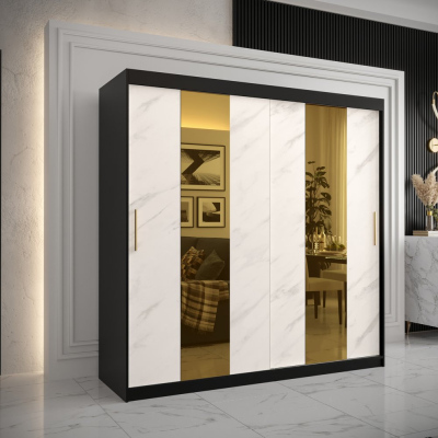 Designer-Kleiderschrank mit goldenem Spiegel MADLA 4 – Breite 200 cm, Schwarz / Weiß