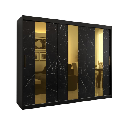 Designer-Kleiderschrank mit goldenem Spiegel MADLA 4 – Breite 250 cm, Schwarz