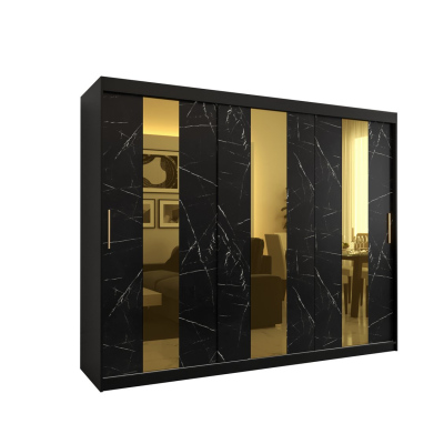 Designer-Kleiderschrank mit goldenem Spiegel MADLA 4 – Breite 250 cm, Schwarz