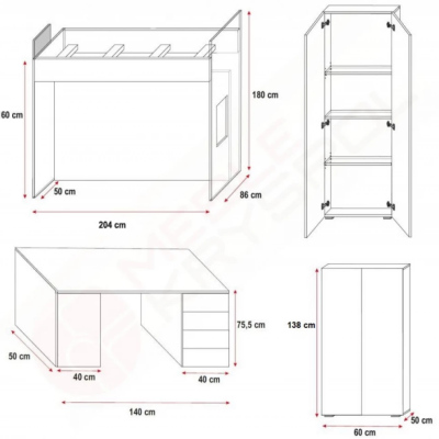 Bett mit Schreibtisch für Kinderzimmer RENI 4 – 80x200, weiß/rosa