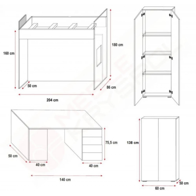 Bett mit Schreibtisch für Kinderzimmer RENI 4 – 80x200, weiß/rosa