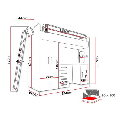 Bett mit Schreibtisch für Kinderzimmer RENI 4 – 80x200, weiß/grau