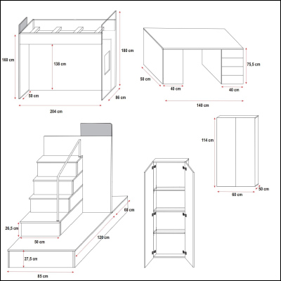 Kinderbett mit Schreibtisch RENI 5 – 80x200, Weiß / Grau