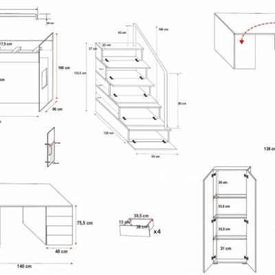 Kinderhochbett mit Schreibtisch RENI 4 – 80x200, Weiß / Grau