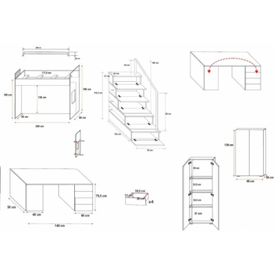 Kinderhochbett mit Schreibtisch RENI 4 – 80x200, Weiß / Grau