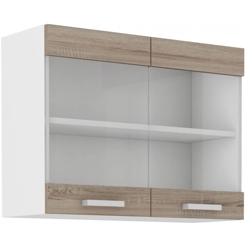 Oberer Vitrinenschrank DAGA – Breite 80 cm, Trüffel Eiche / Weiß