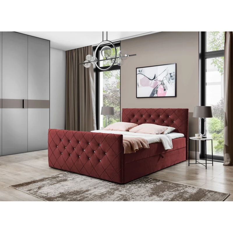 Boxspringbett LENKA – 140x200, Bordeauxrot + GRATIS Topper