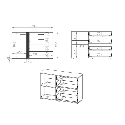 Kombinierte Kommode ALIZA – Breite 134 cm, Castello-Eiche / weiß