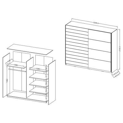 Kleiderschrank mit Schiebetüren SARA – 220 cm, weiß / Eiche beaufort