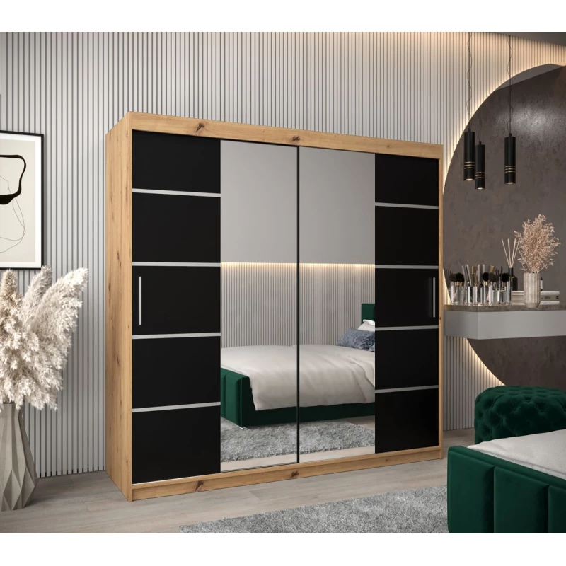 Schrank mit Spiegeln VIVIEN – Breite 200 cm, Eiche Artisan / Schwarz