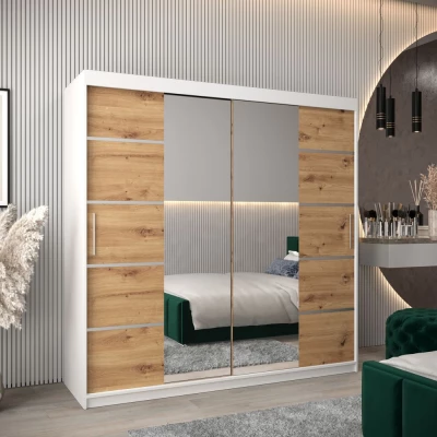 Schrank mit Spiegeln VIVIEN – Breite 200 cm, Weiß / Eiche Artisan