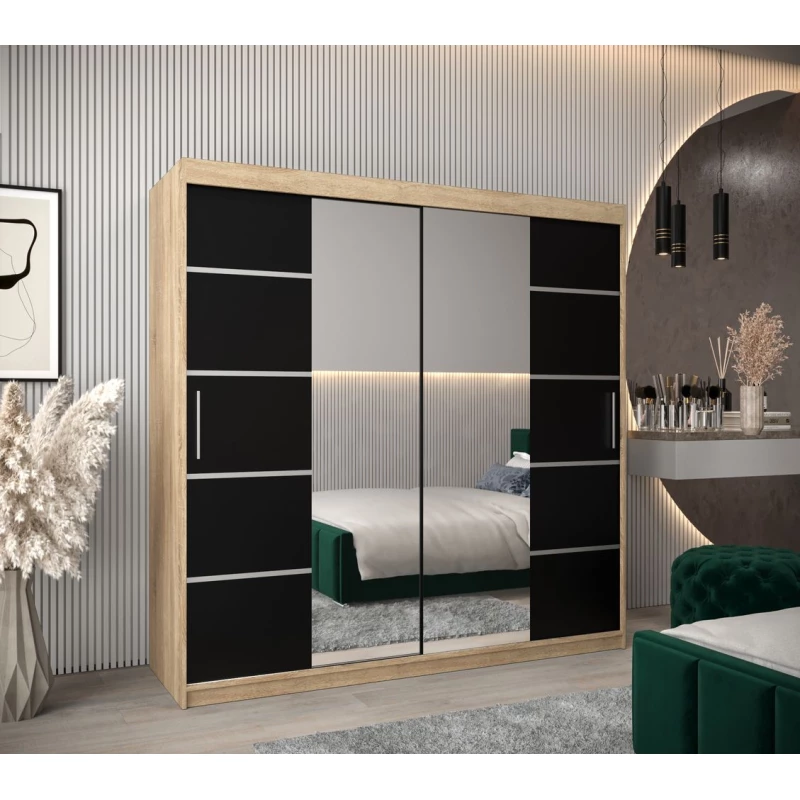 Schrank mit Spiegeln VIVIEN – Breite 200 cm, Eiche Sonoma / Schwarz