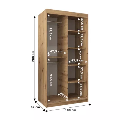 Kleiderschrank mit Spiegel VIVI – Breite 100 cm, Eiche artisan / schwarz