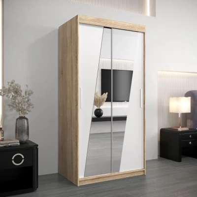 Kleiderschrank mit Spiegeln ERIKA – Breite 100 cm, Eiche sonoma / weiß