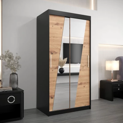 Kleiderschrank mit Spiegeln ERIKA – Breite 100 cm, schwarz / Eiche artisan