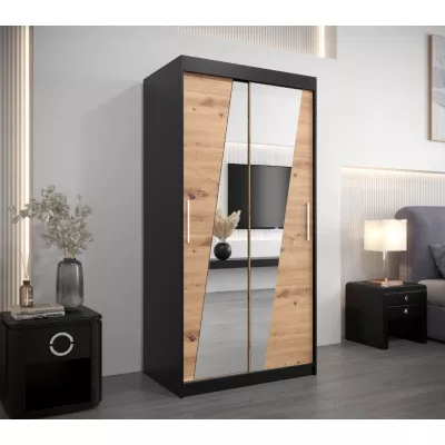 Kleiderschrank mit Spiegeln ERIKA – Breite 100 cm, schwarz / Eiche artisan