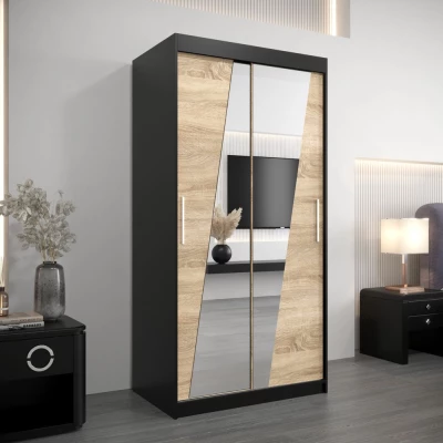 Kleiderschrank mit Spiegeln ERIKA – Breite 100 cm, schwarz / Eiche sonoma