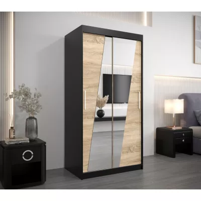 Kleiderschrank mit Spiegeln ERIKA – Breite 100 cm, schwarz / Eiche sonoma