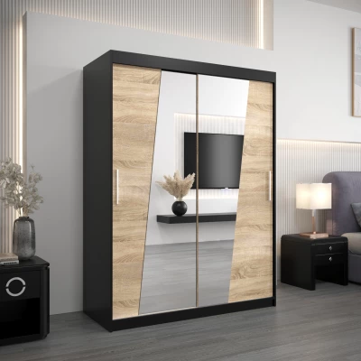 Kleiderschrank mit Spiegeln ELVIRA – Breite 150 cm, schwarz / Eiche sonoma