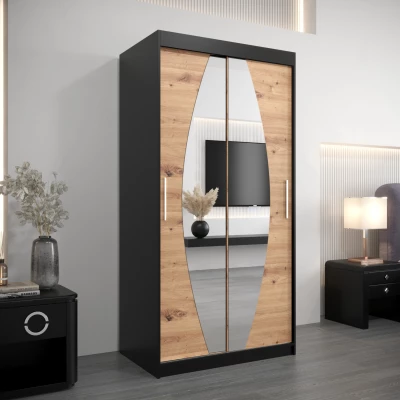 Kleiderschrank mit Spiegeln TAMARA – Breite 100 cm, schwarz / Eiche artisan