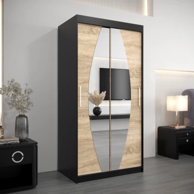 Kleiderschrank mit Spiegeln TAMARA – Breite 100 cm, schwarz / Eiche sonoma