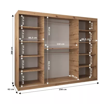 Kleiderschrank ROZALIE – Breite 250 cm, Eiche sonoma / schwarz