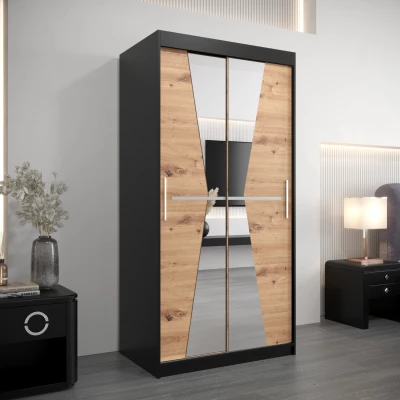 Kleiderschrank mit Spiegeln MILANA – Breite 100 cm, schwarz / Eiche artisan