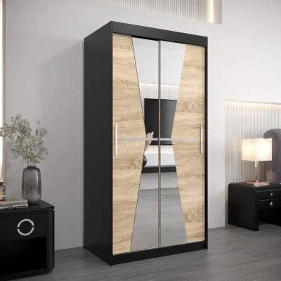 Kleiderschrank mit Spiegeln MILANA – Breite 100 cm, schwarz / Eiche sonoma