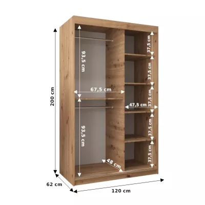 Kleiderschrank mit Spiegeln MILANA – Breite 120 cm, schwarz / Eiche artisan