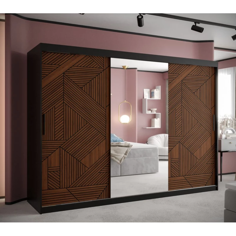 Schrank mit Spiegel MADELEIN 3 – Breite 250 cm, Schwarz + Nussbaum