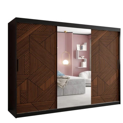 Schrank mit Spiegel MADELEIN 3 – Breite 250 cm, Schwarz + Nussbaum