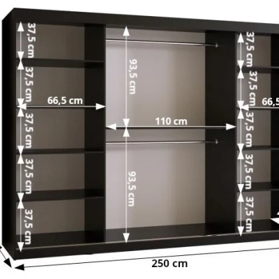 Schrank mit Spiegel MADELEIN 3 – Breite 250 cm, Schwarz + Nussbaum