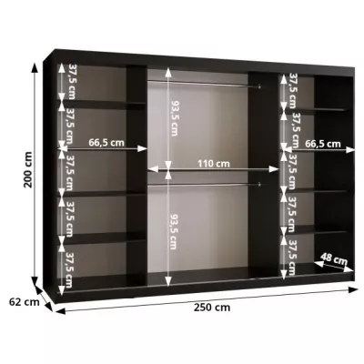 Schrank mit Spiegel MADELEIN 3 – Breite 250 cm, Schwarz + Nussbaum