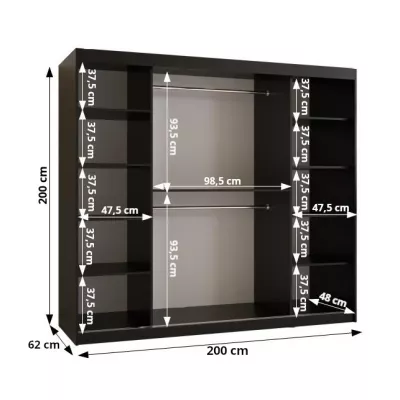 Schrank mit Spiegel MADELEIN 3 – Breite 200 cm, Schwarz + Nussbaum