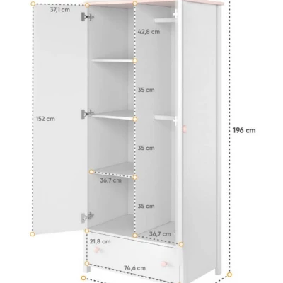 Kinderkleiderschrank LALI – 85 cm, Weiß / Rosa