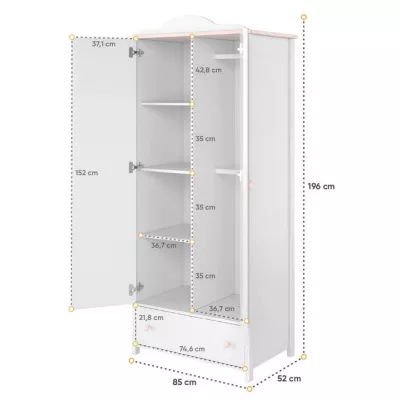 Kinderkleiderschrank LALI – 85 cm, Weiß / Rosa