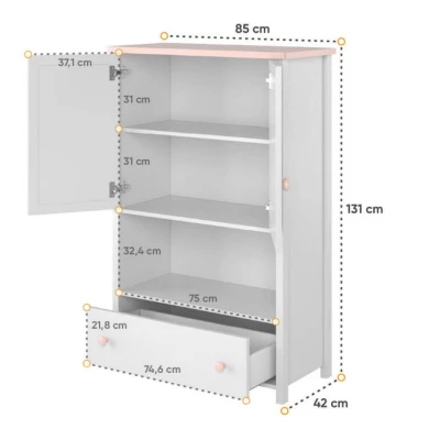 Schrank mit offenem Regal und Schublade LALI – Weiß/Rosa