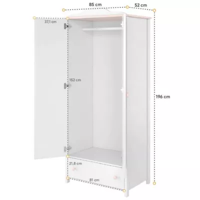 Schrank für Mädchenzimmer LALI – 85 cm, Weiß/Rosa