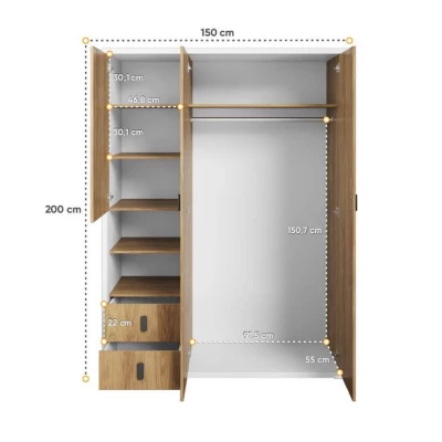 Dreitüriger Kleiderschrank 150 cm PASTORA – Hickory/Weiß