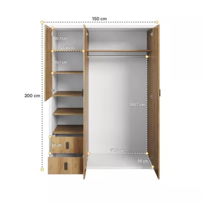 Dreitüriger Kleiderschrank 150 cm PASTORA – Hickory/Weiß