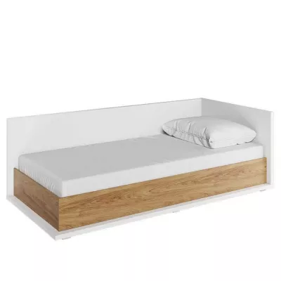 Einzelbett mit Bettkasten PASTORA – 90x200, Hickory-Nussbaum / weiß, rechte Ausführung