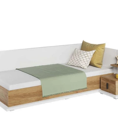 Einzelbett mit Bettkasten PASTORA – 90x200, Hickory-Nussbaum / weiß, rechte Ausführung