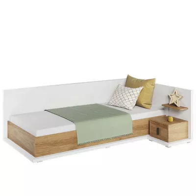 Einzelbett mit Bettkasten PASTORA – 90x200, Hickory-Nussbaum / weiß, rechte Ausführung