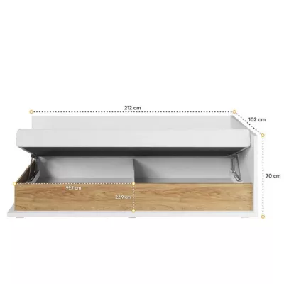 Einzelbett mit Bettkasten PASTORA – 90x200, Hickory-Nussbaum / weiß, rechte Ausführung