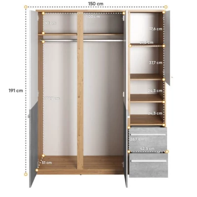 Kombinierter Schrank PANAJA – 150 cm, Nash-Eiche / weiß / Beton