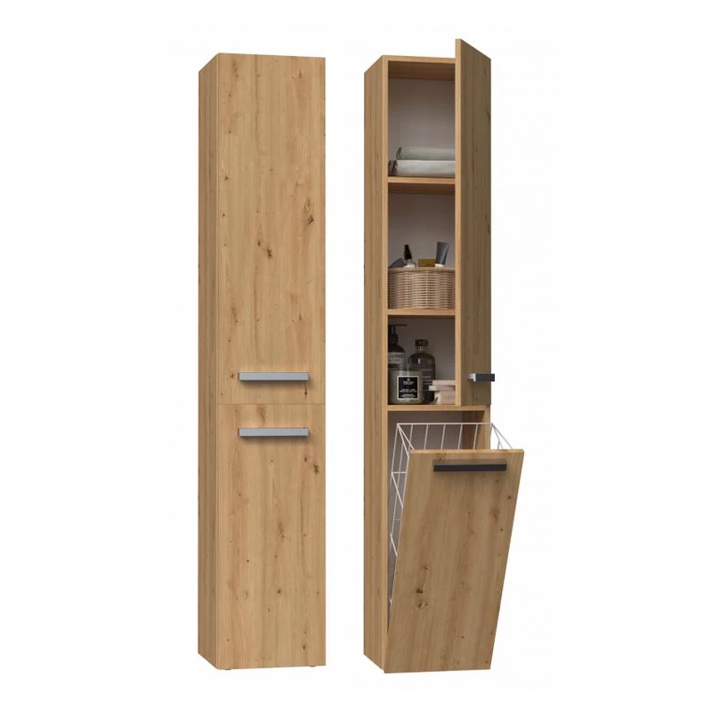 Hoher Badezimmerschrank mit Korb ATSO – Eiche Artisan