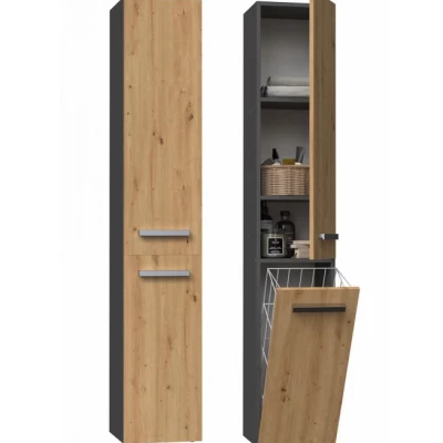 Hoher Badezimmerschrank mit Korb ATSO – Eiche Artisan / anthrazit